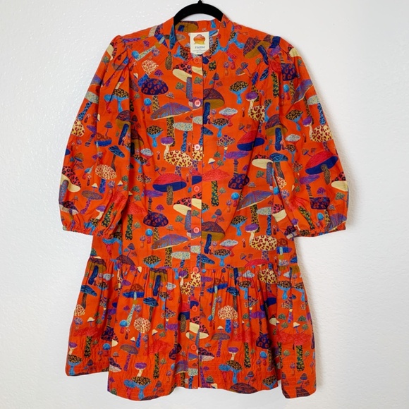 FARM Rio Anthropologie Long-Sleeve Shirt Dress Small Red Mushroom Print Tiered - Picture 2 of 16